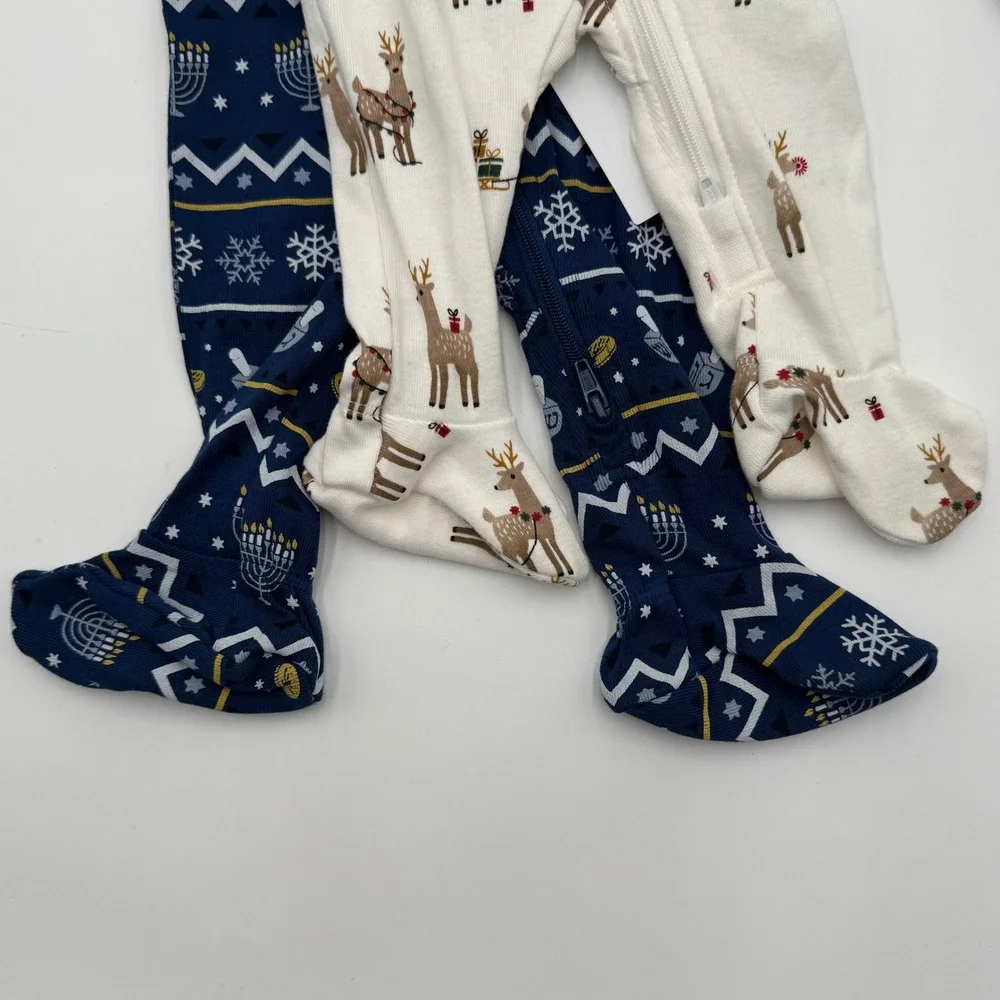 NEW‎ Petit Lem Lot of 2 Baby 3M Holiday Reindeer Organic Cotton Footie Pajamas